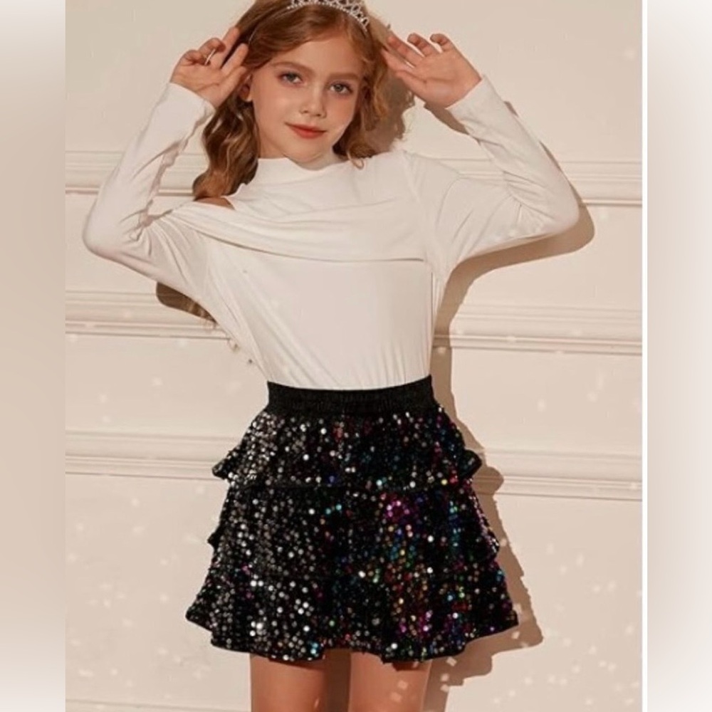 Grace Karin Black Multi-Sequin Tiered Mini Skirt